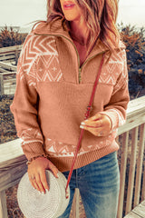 Blue Geometry Knit Quarter Zip Sweater