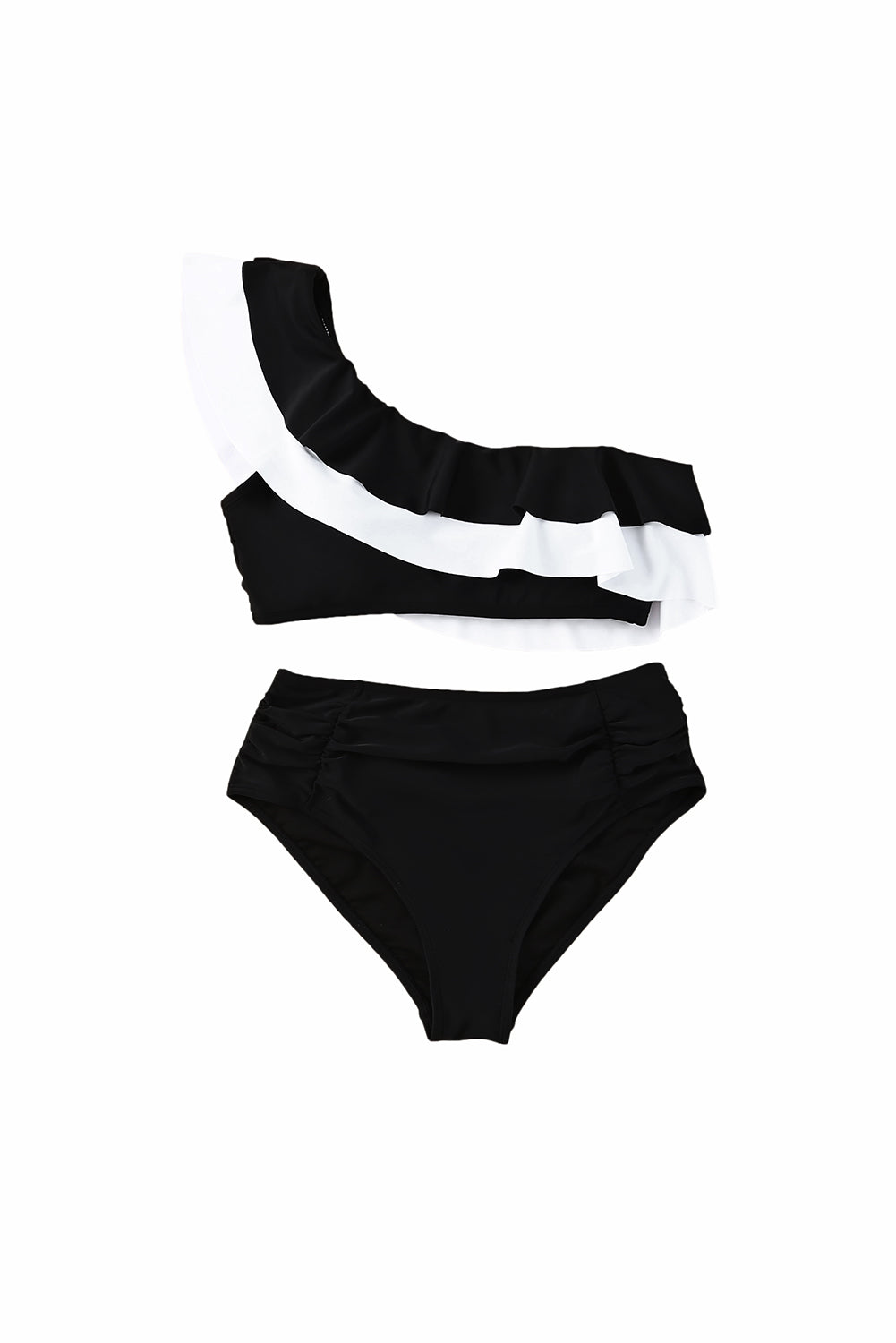 Black Color Block Flounce Ruched One Shoulder Bikini