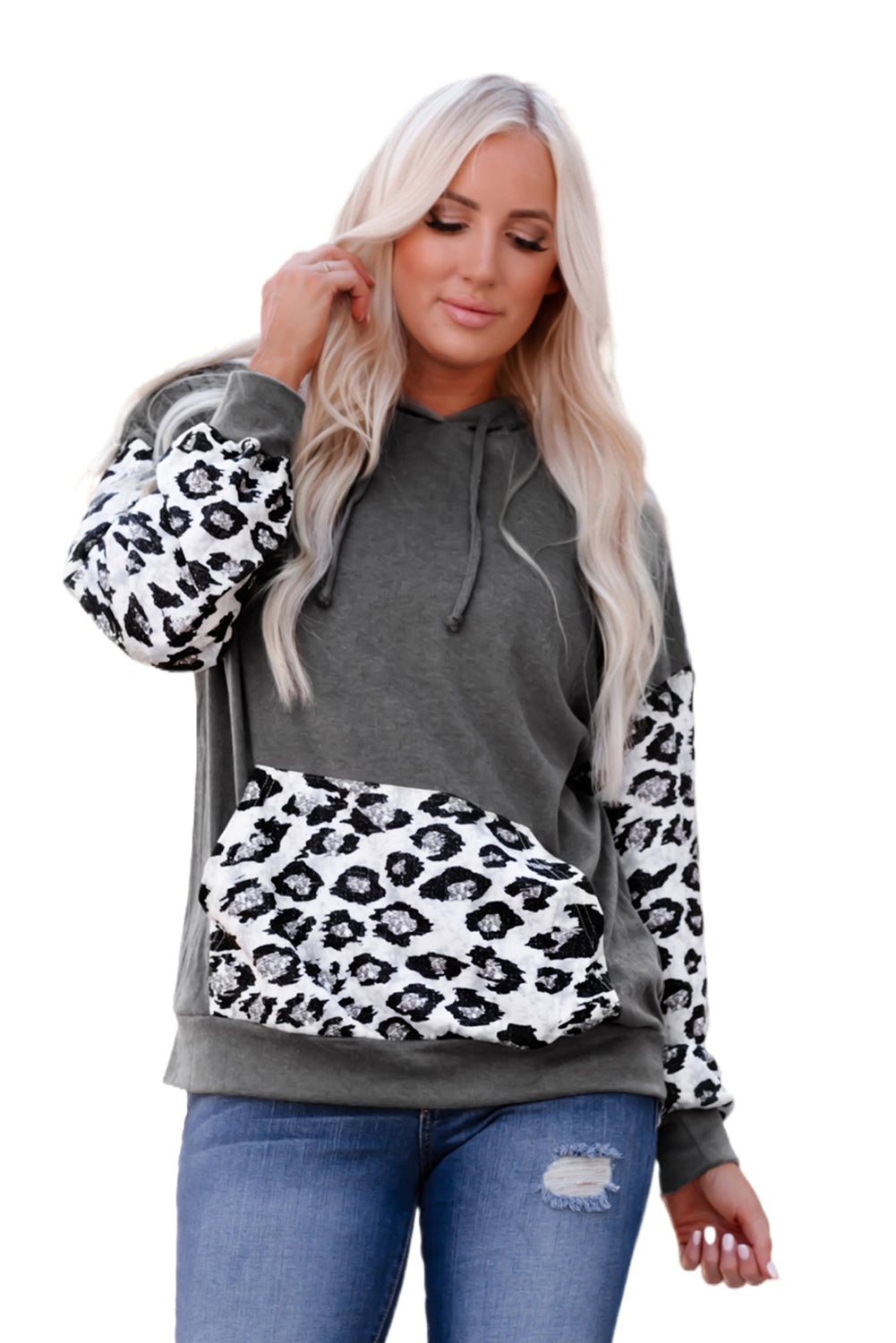 Leopard Patchwork Hooded Sweatshirt with Kangaroo Pocket