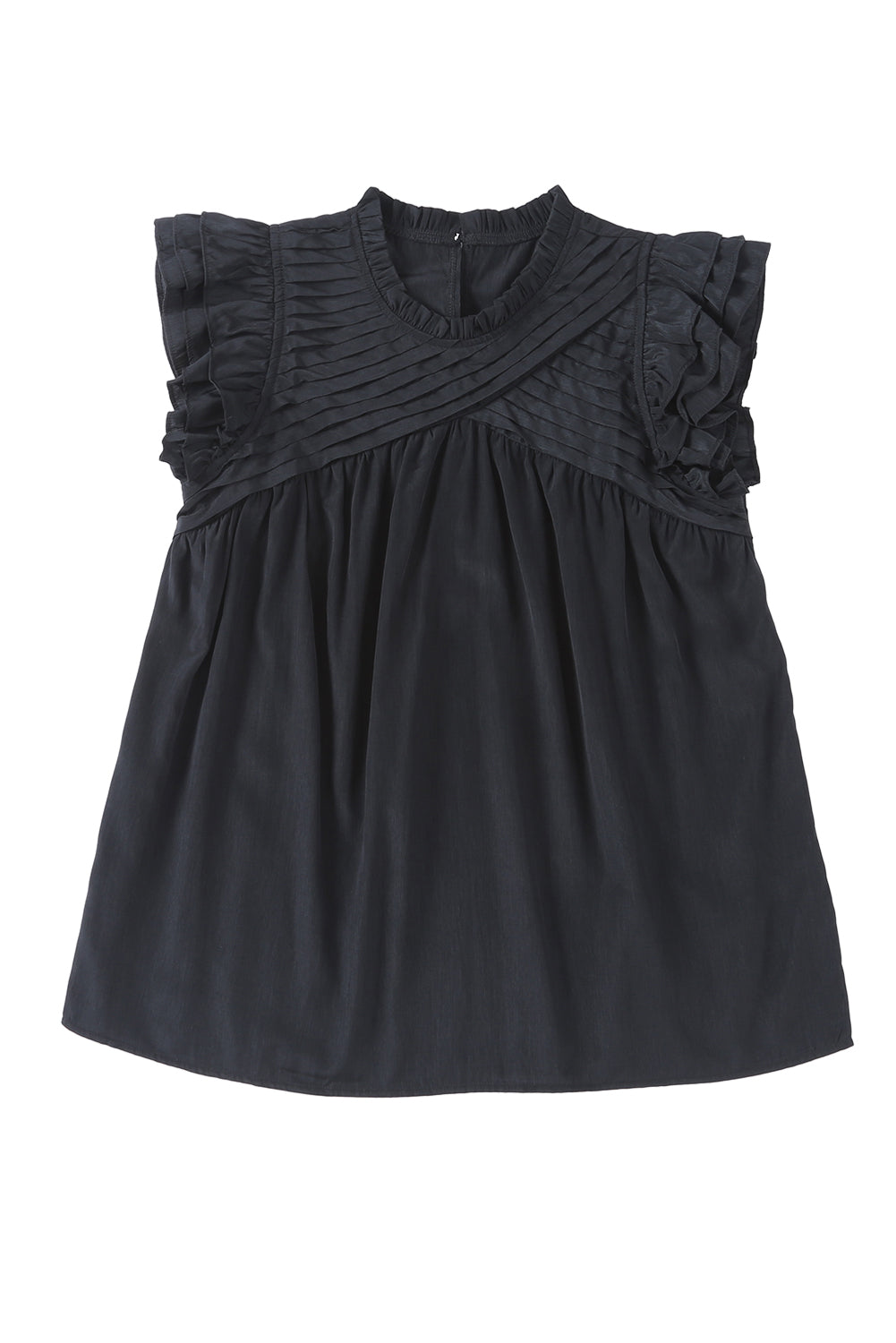 Black Ruffle Sleeve Pleated Yoke Loose Top