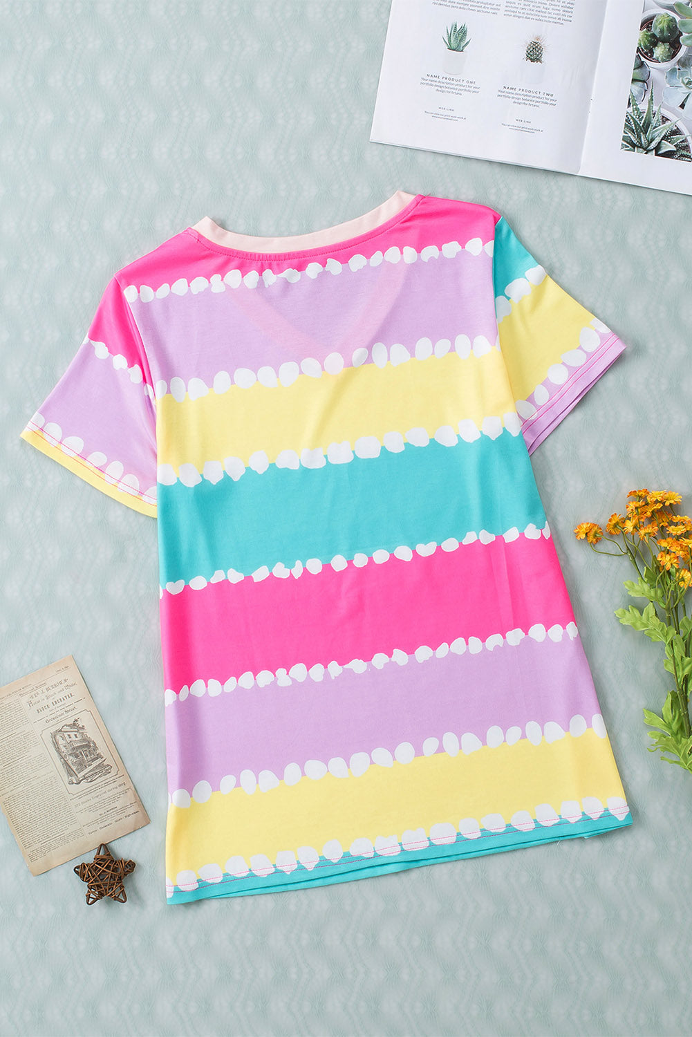 Yellow Striped Color Block V Neck T Shirt