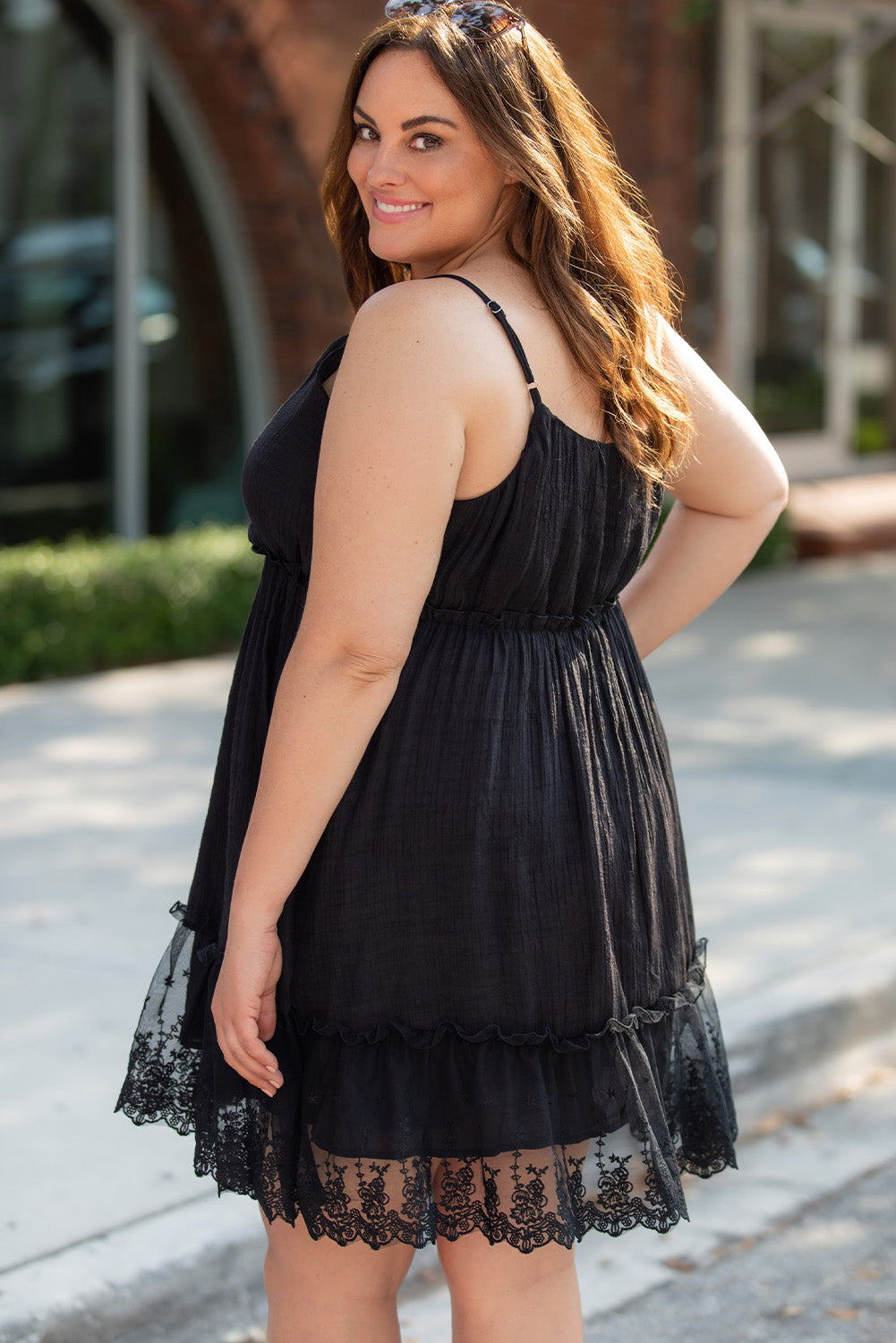 Black Lace Ruffle Hem Plus Size Flared Sundress