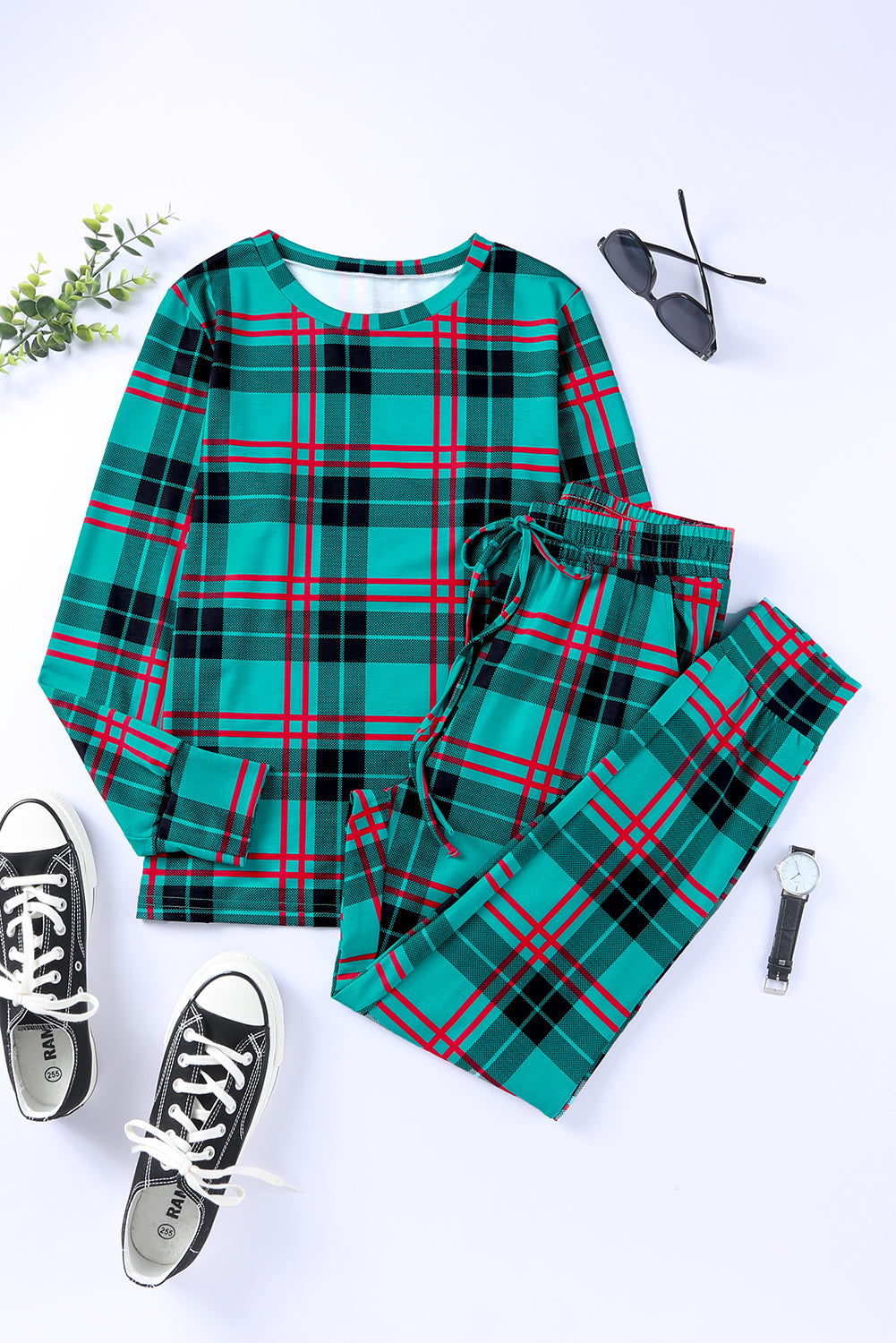 Green Plaid Print Long Sleeve Top and Drawstring Joggers Pajama Set
