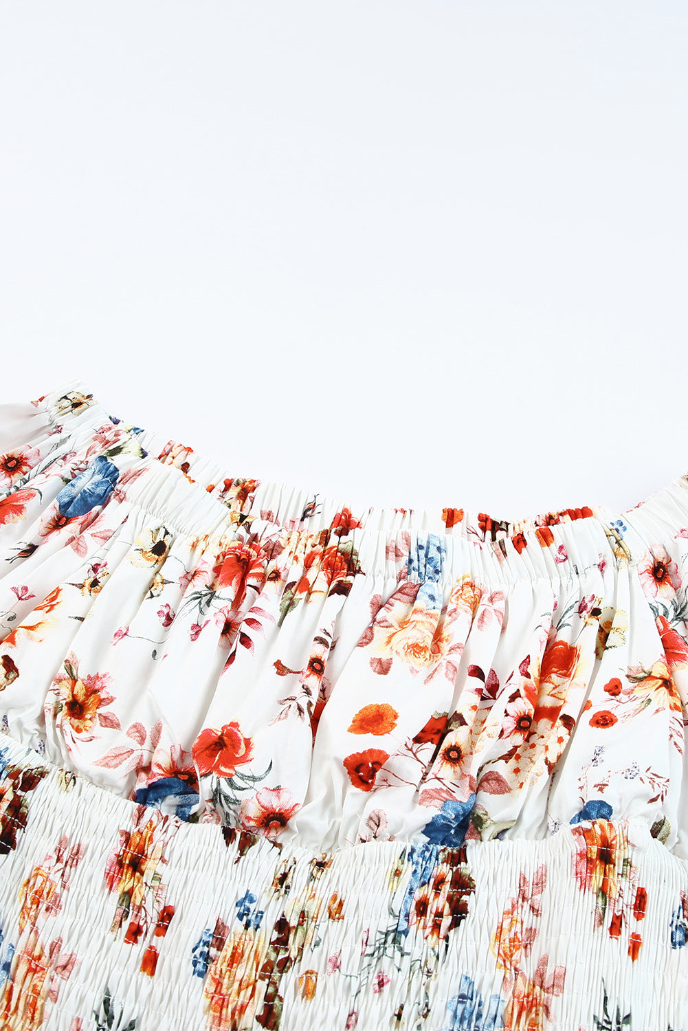 White Off Shoulder Smocked Waist Floral Dress