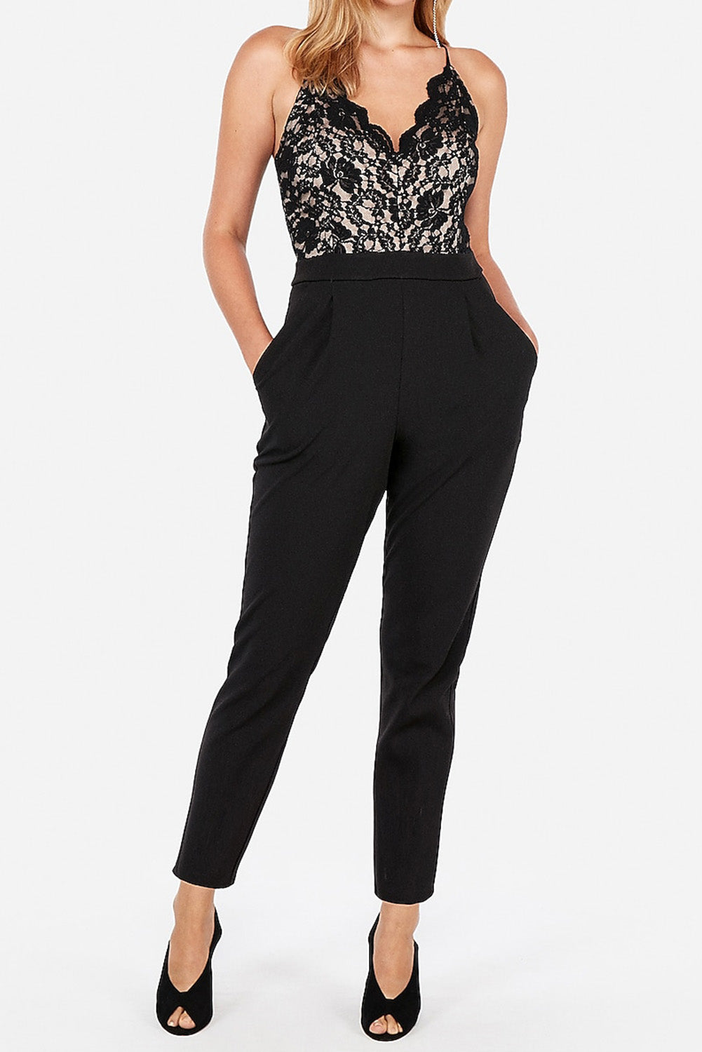 Black Spaghetti Straps Lace Bodice High Waist Jumpsuit