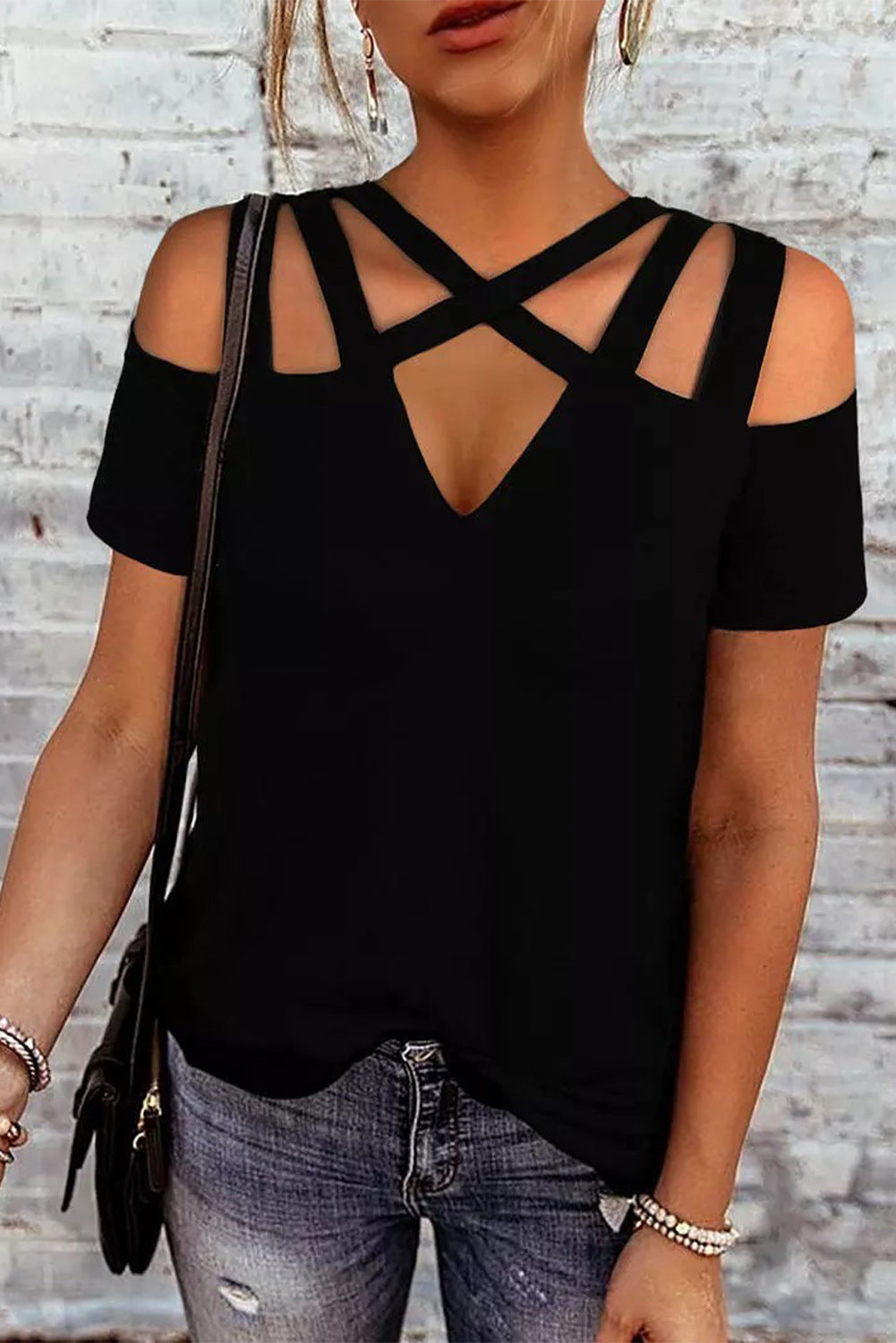 Black Criss-Cross Cut Out Short Sleeve Top