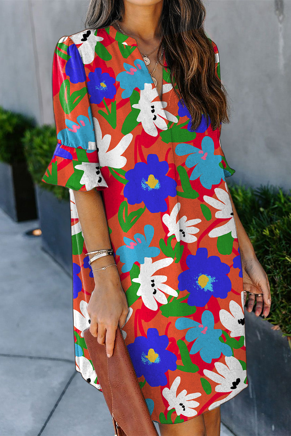 Multicolor Split V Collar Ruffle Sleeve Floral Shift Dress