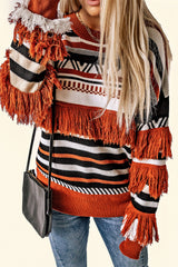 Multicolor Round Neck Striped Sweater with Fringe