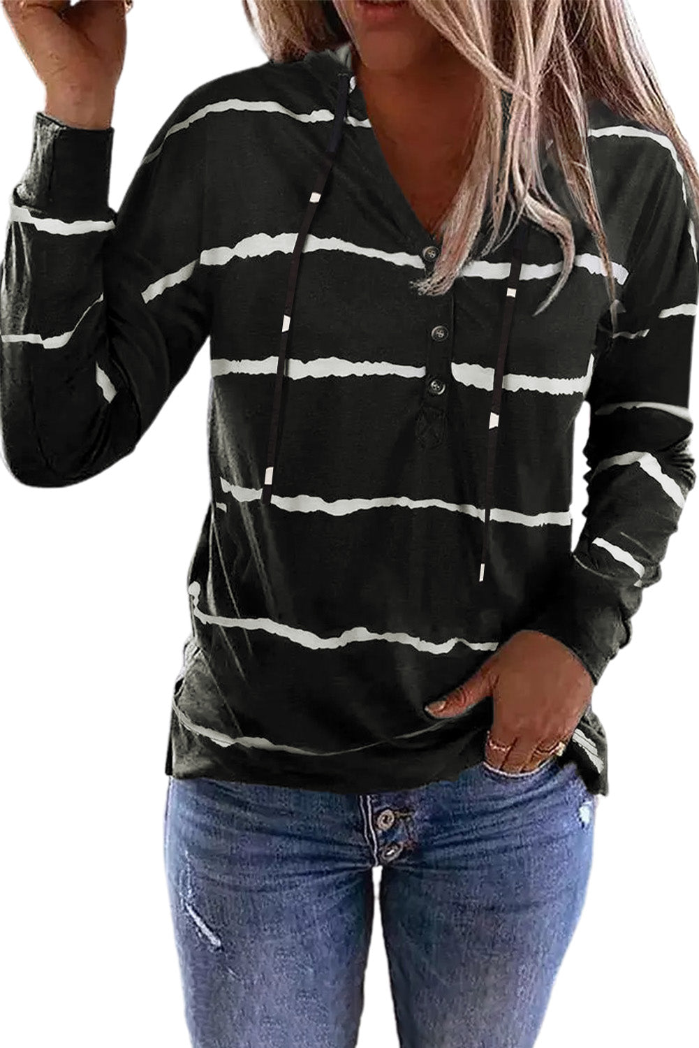 White Striped Drawstring Button Long Sleeve Hoodie
