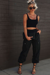 Black Elastic Waist Drawstring Cuffs Cargo Pants