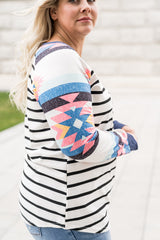 White Aztec Sleeve Striped Raglan Plus Size Top