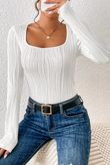 Bright White Ribbed Knit Long Sleeve Square Neck Bodysuit