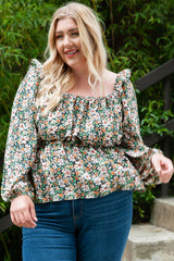 Green Square Neck Floral Plus Size Peplum Top