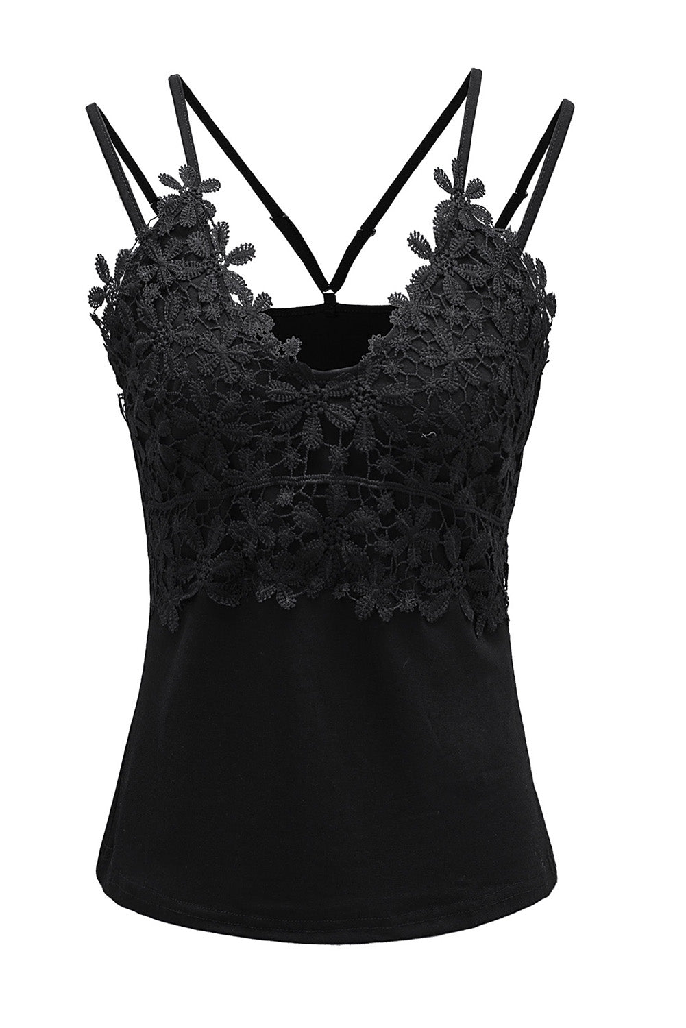 Black Lace Overlay Strappy Hollow-out Tank Top