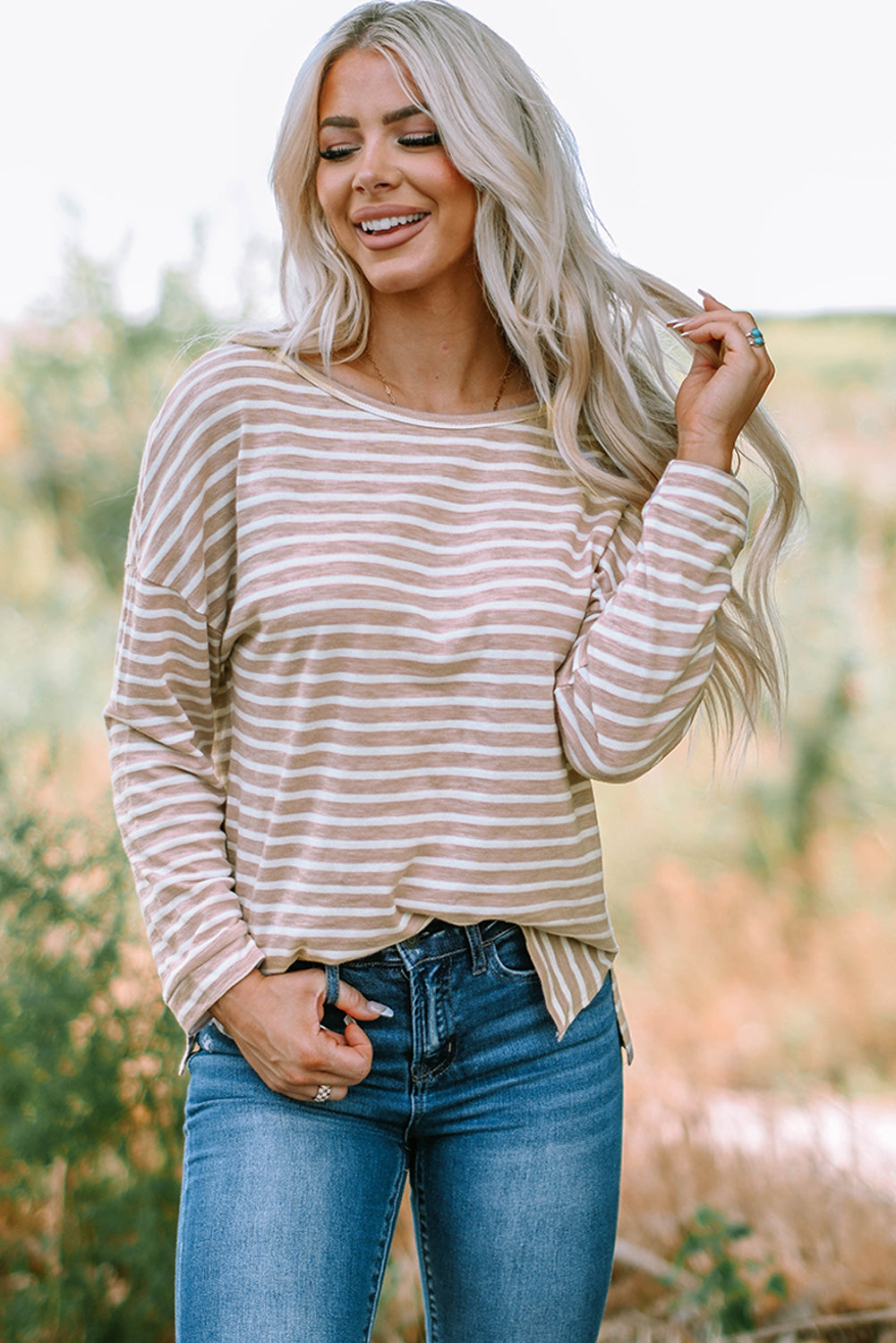 Red Striped Print Drop Shoulder Long Sleeve Top