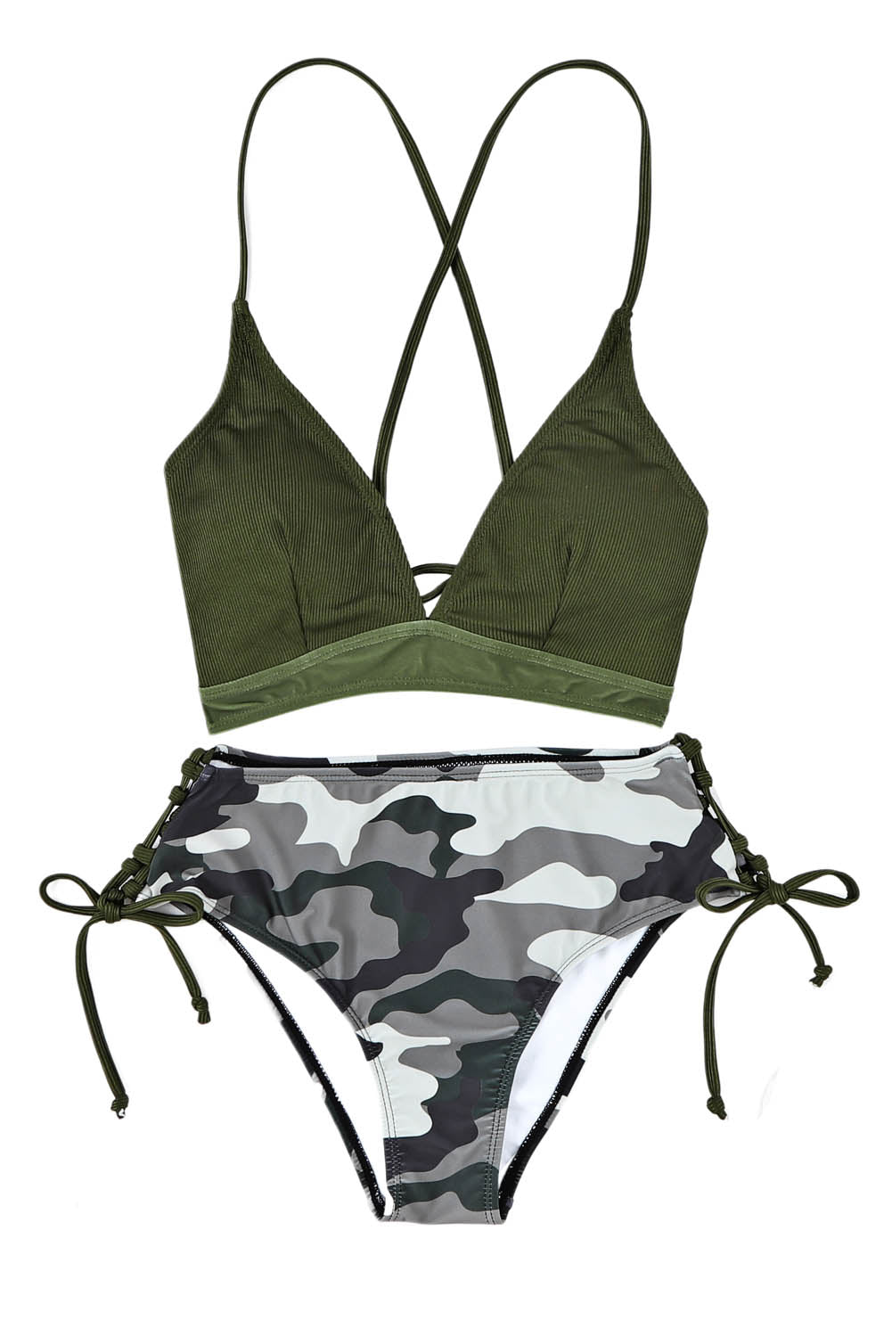 Green Ribbed Halter Camo Lace up Bikini Swimsuit