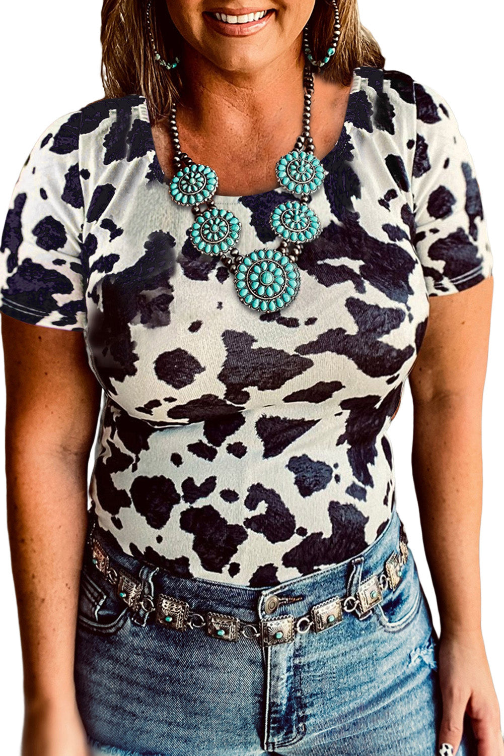 White One Shoulder Cow Print Cut out Short Sleeve Top