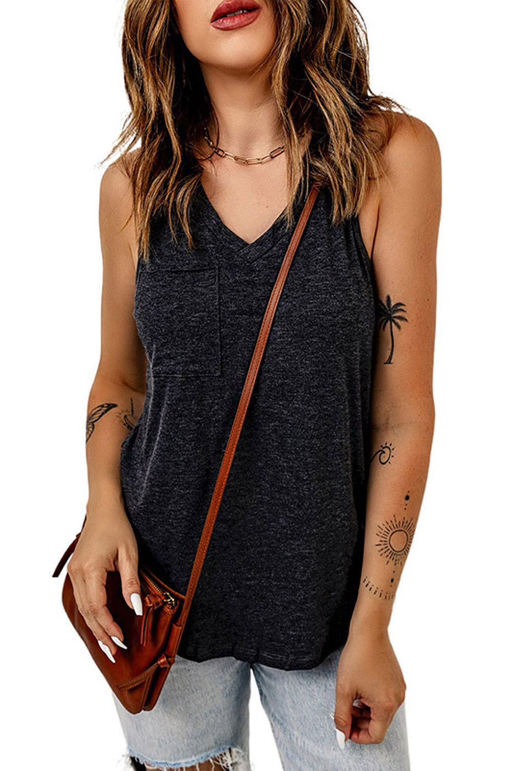 Black V Neck Racerback Tank Top with Pocket