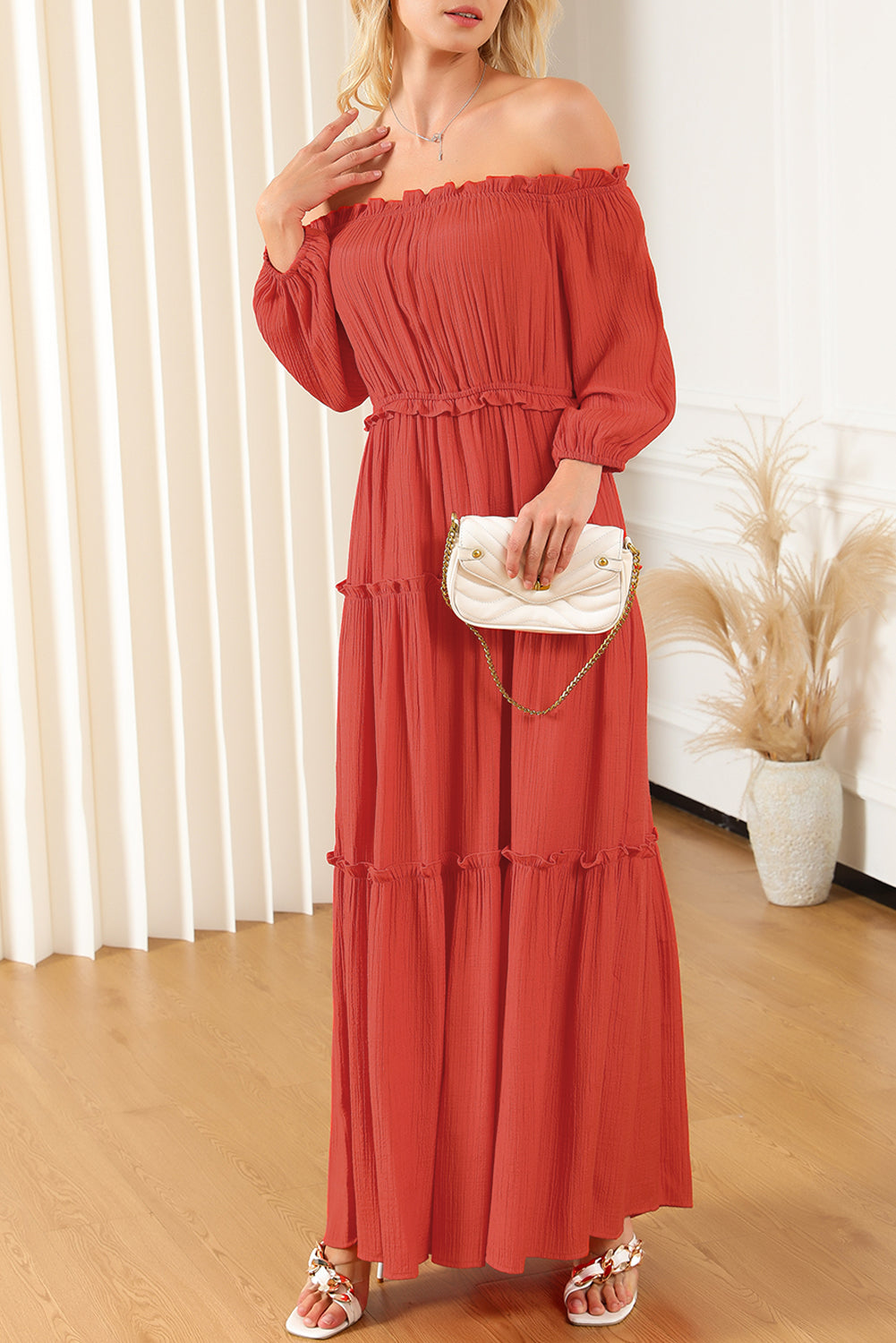 Orange Off Shoulder Balloon Sleeve Cutout Ruffled Maxi Dress