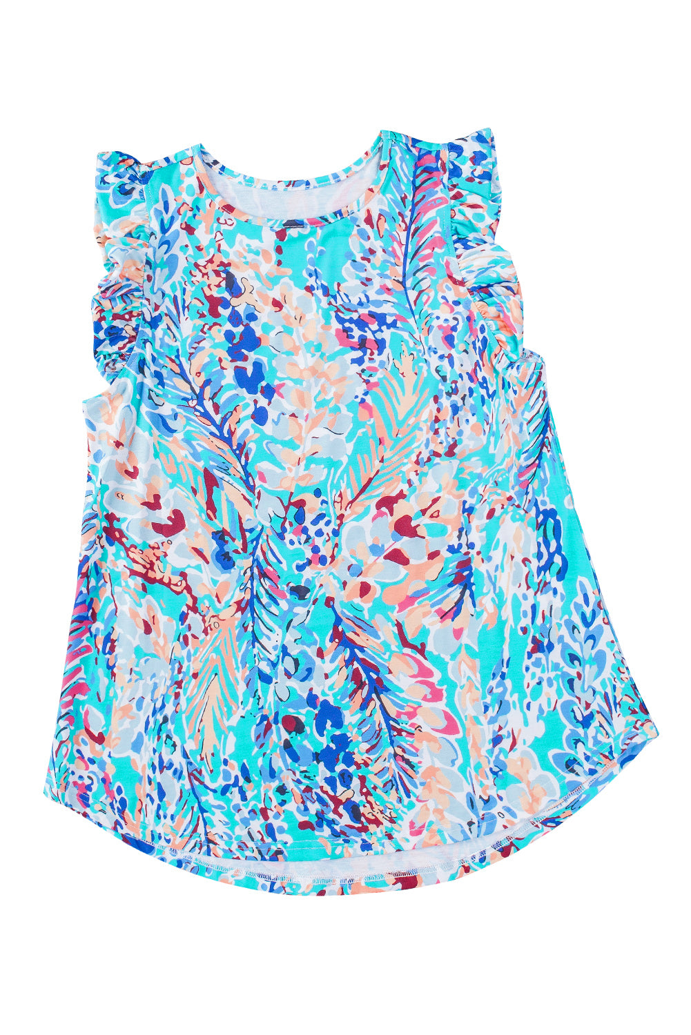 Blue Floral Print Tank Top with Ruffles