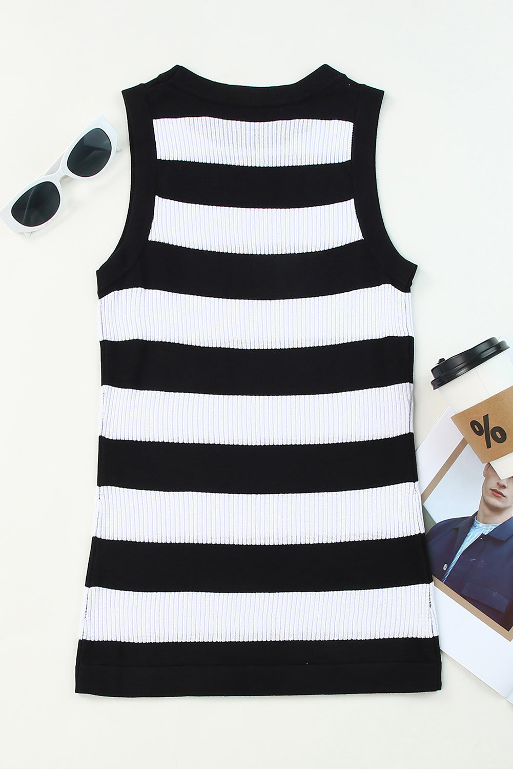 White Striped Print Knitted Tank Top