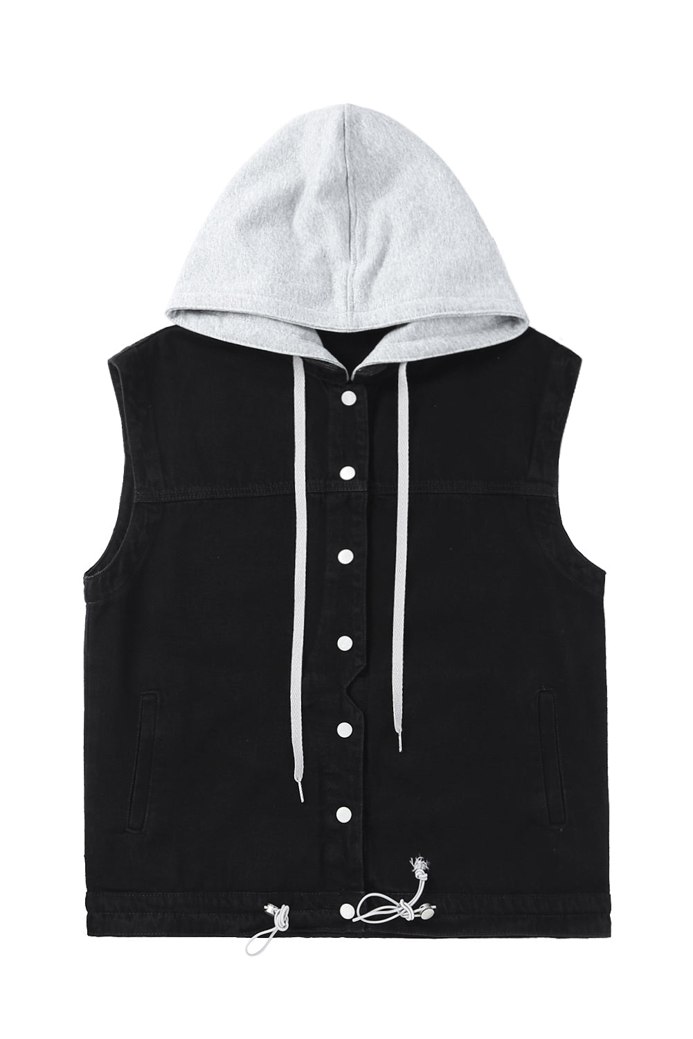 Black Solid Color Hooded Denim Vest Jacket