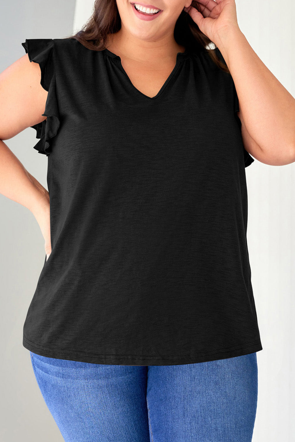 Black V Neck Ruffle Sleeve Plus Size Top