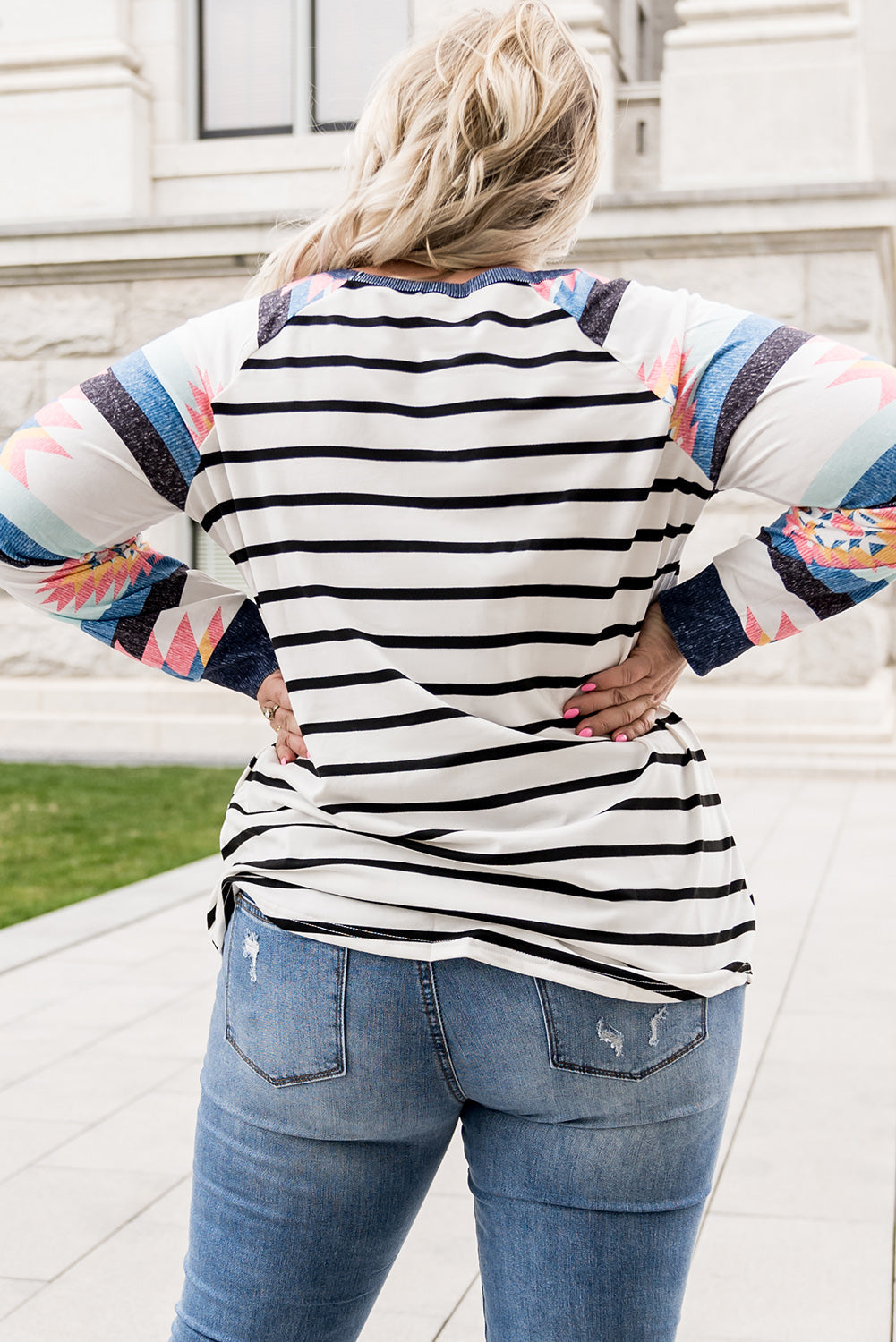 White Aztec Sleeve Striped Raglan Plus Size Top