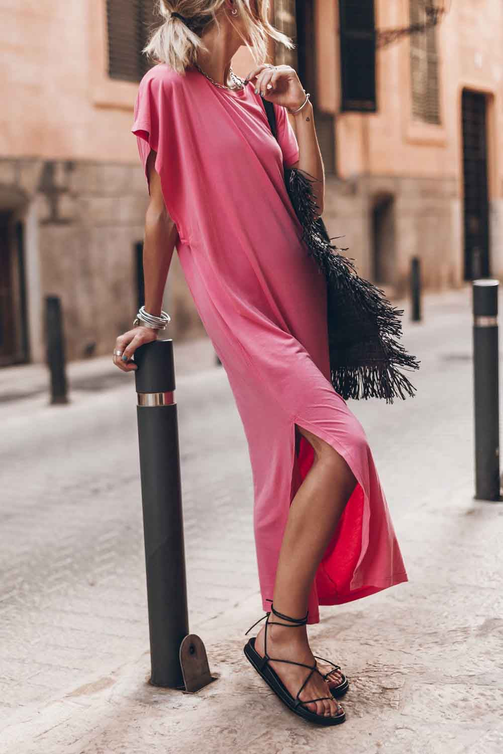 Pink Crew Neck Bat Sleeve Maxi T-shirt Dress