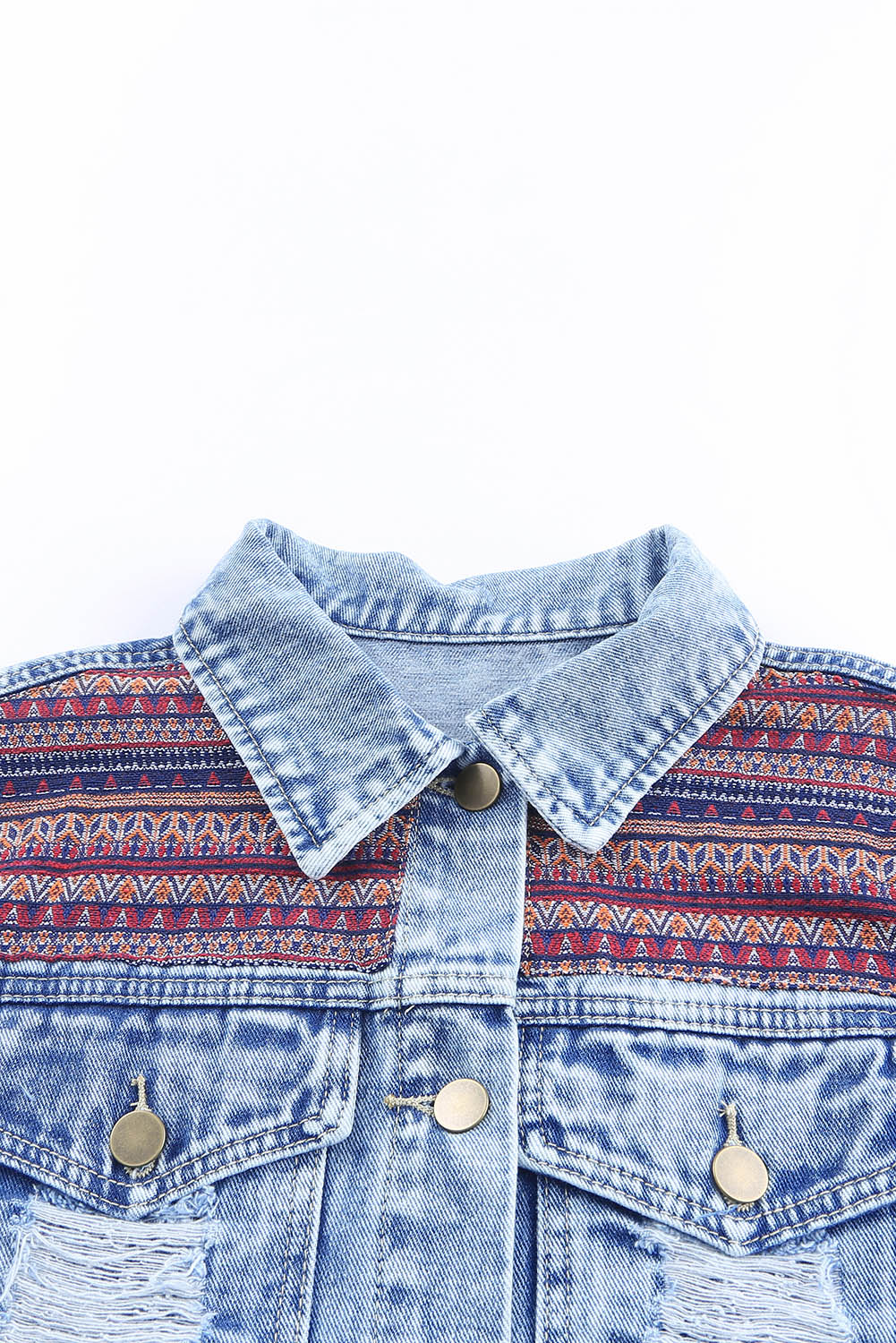 Sky Blue Distressed Tribal Patch Denim Jacket