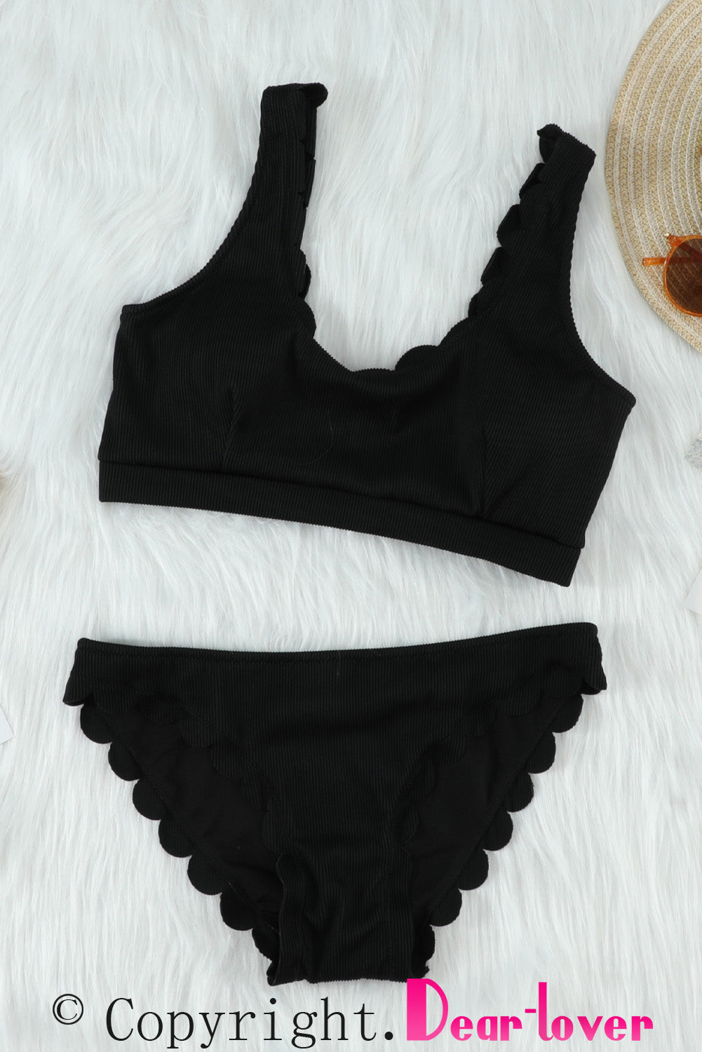 Black Scalloped Low Neck Ribbed Bikini Set