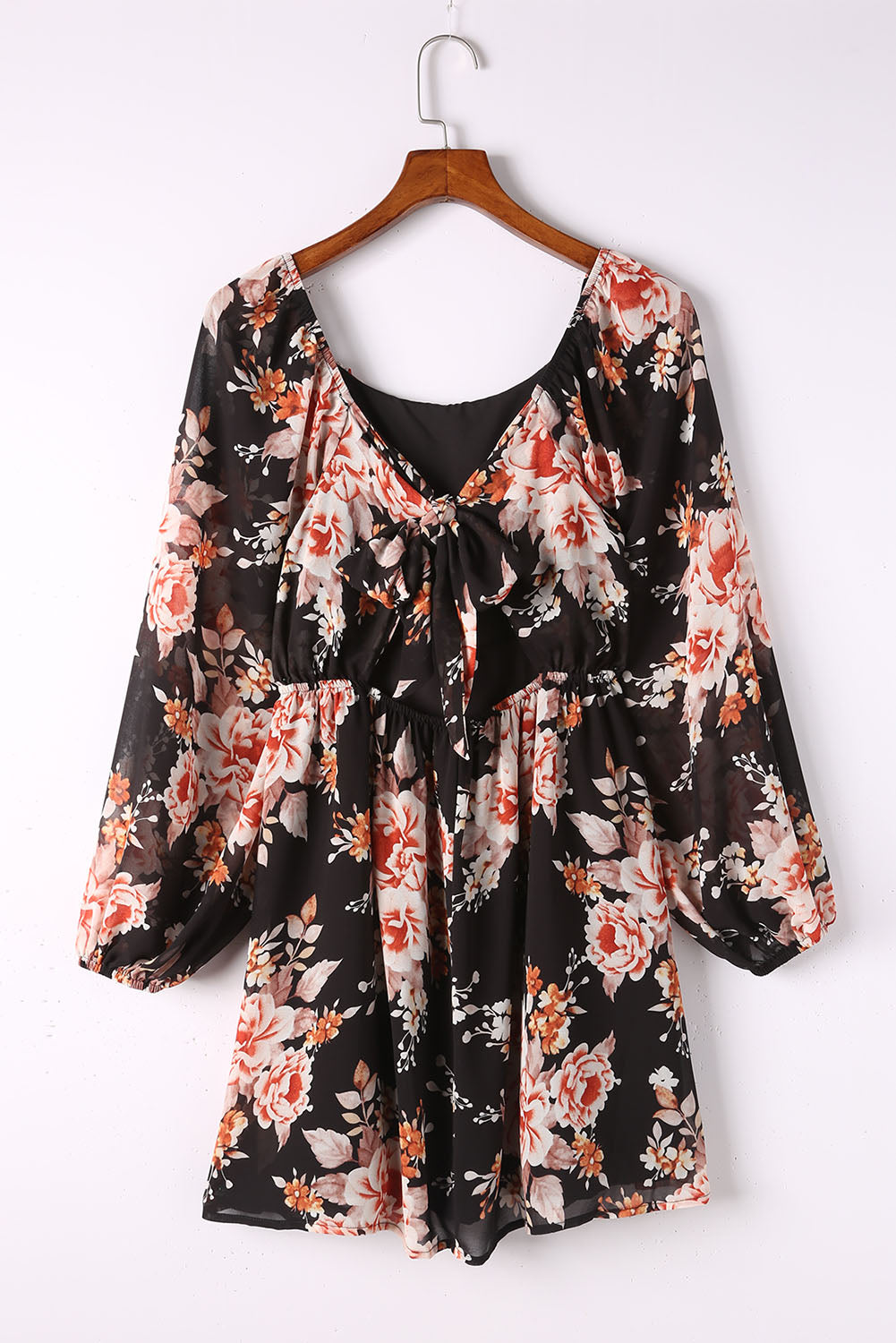 Black Floral Print Tie Back Mini Dress
