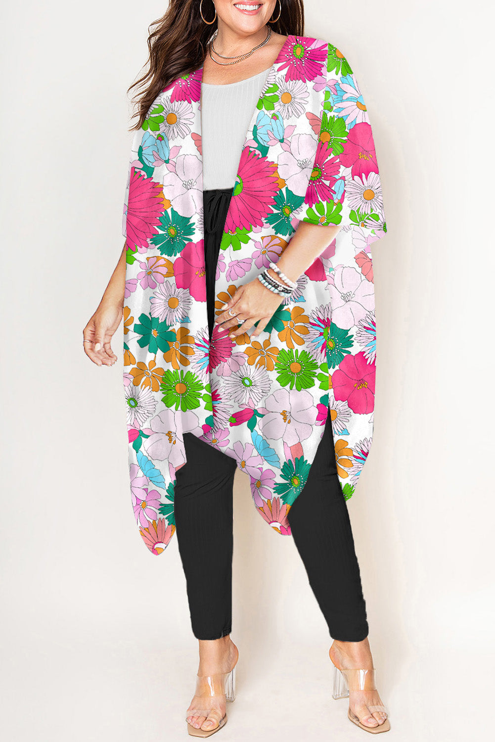 Multicolor Floral Print Plus Size Kimono