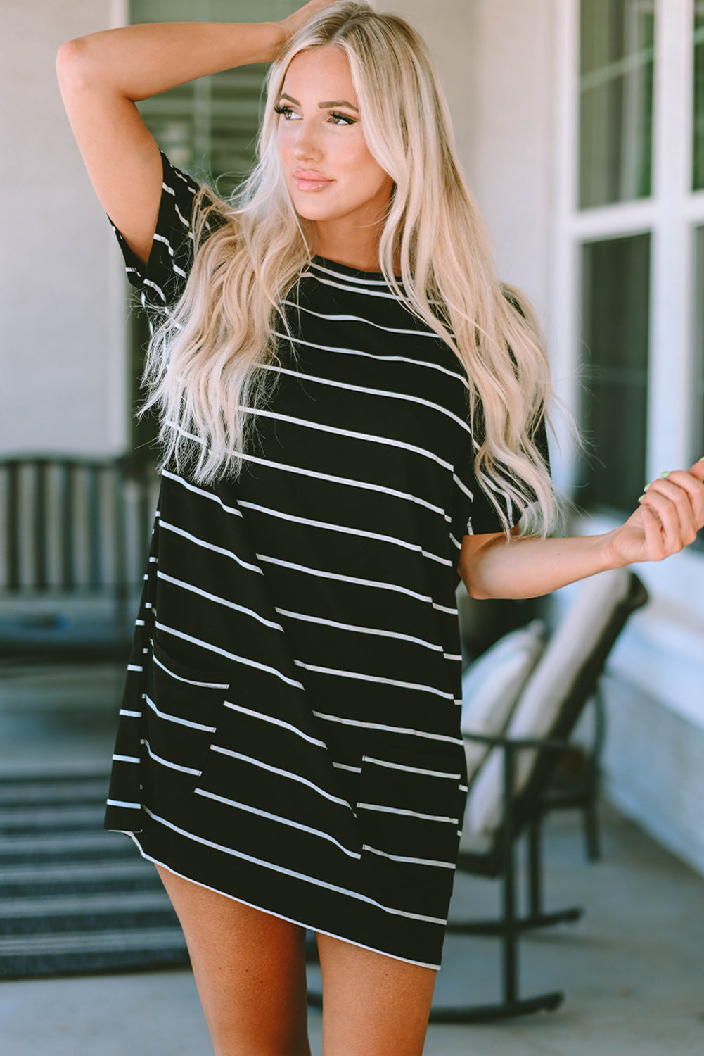 Black Striped Print Side Pockets Short Sleeve Tunic Top