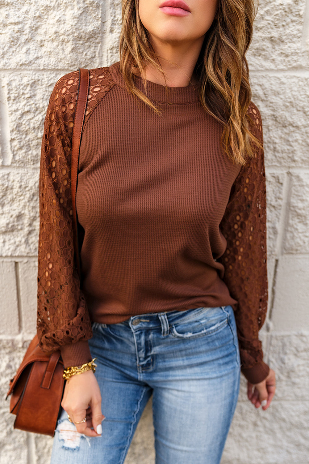 Brown Lace Contrast Long Sleeve Waffle Knit Top