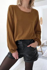 Brown Textured Round Neck Puff Sleeve Top