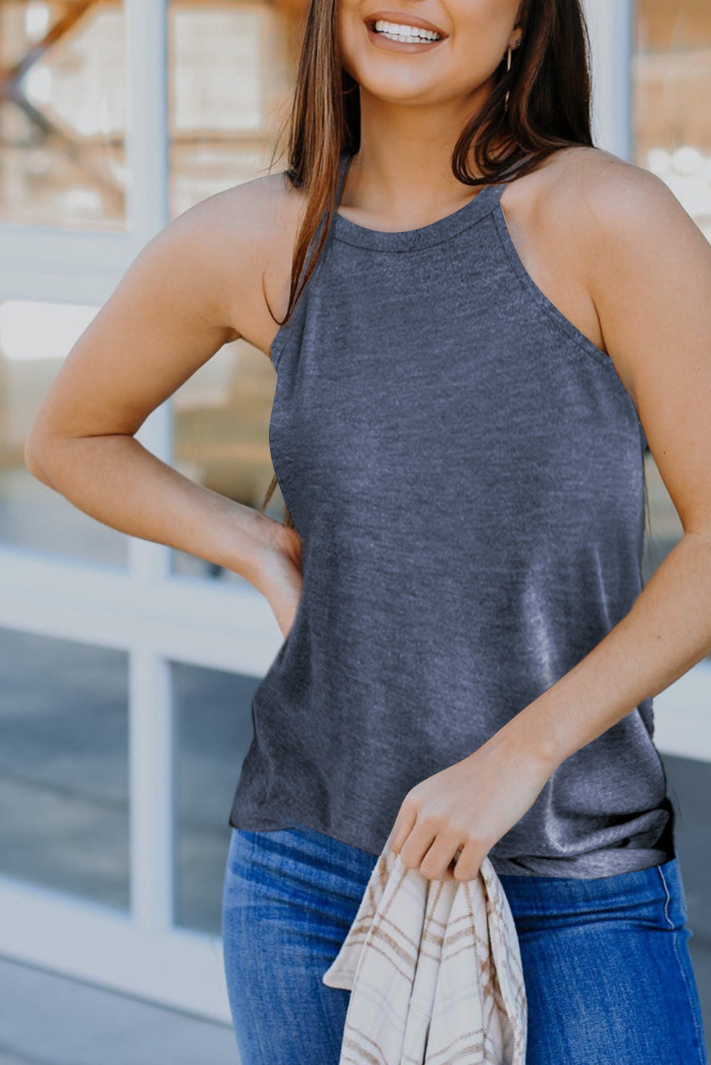 Black Solid Color Crew Neck Tank Top