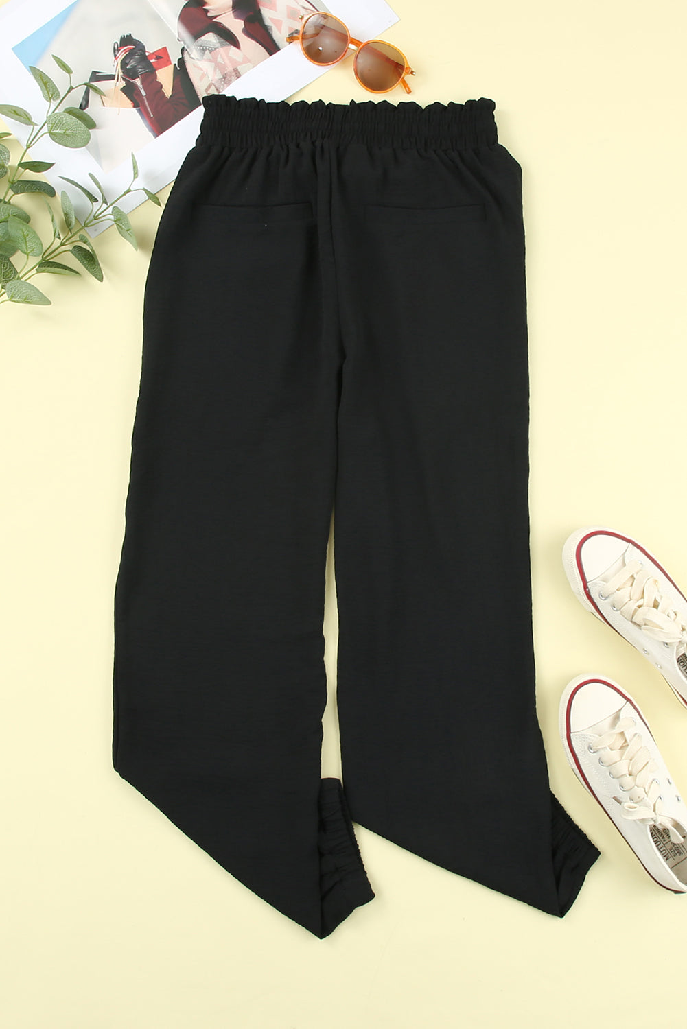 Black Solid Color Drawstring Smocked Waist Joggers