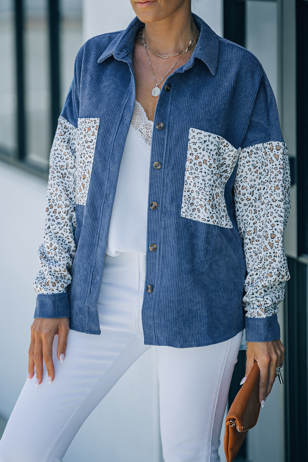 Gray Leopard Patchwork Corduroy Buttoned Shirt Jacket