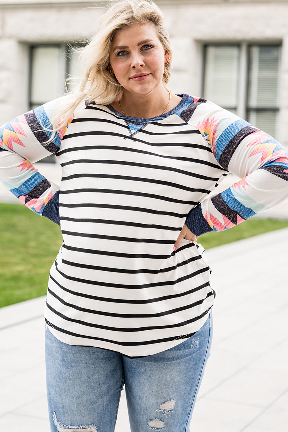 White Aztec Sleeve Striped Raglan Plus Size Top