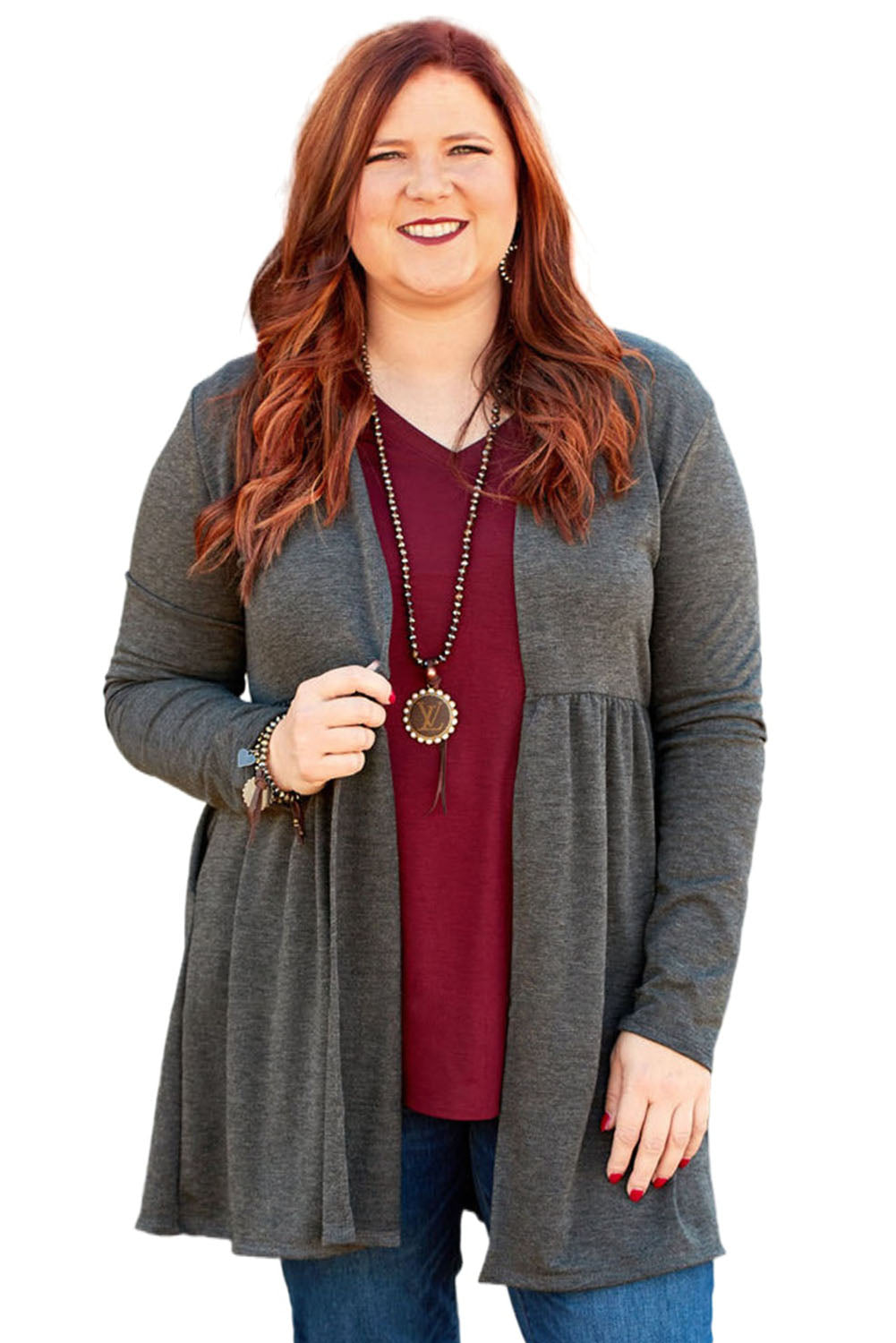 Gray Plus Size Open Front Ruffle Tunic Cardigan