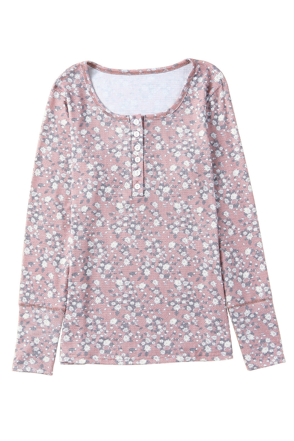 Pink Floral Print Long Sleeve Henley Top