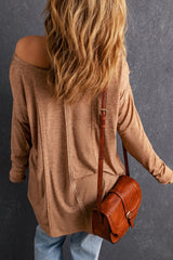 Brown Seamed Loose Fit V Neck Long Sleeve Top