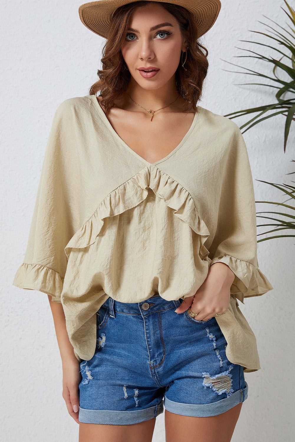 Apricot V Neck Draped Batwing Sleeve Ruffle Top