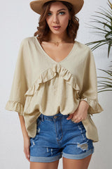 Apricot V Neck Draped Batwing Sleeve Ruffle Top