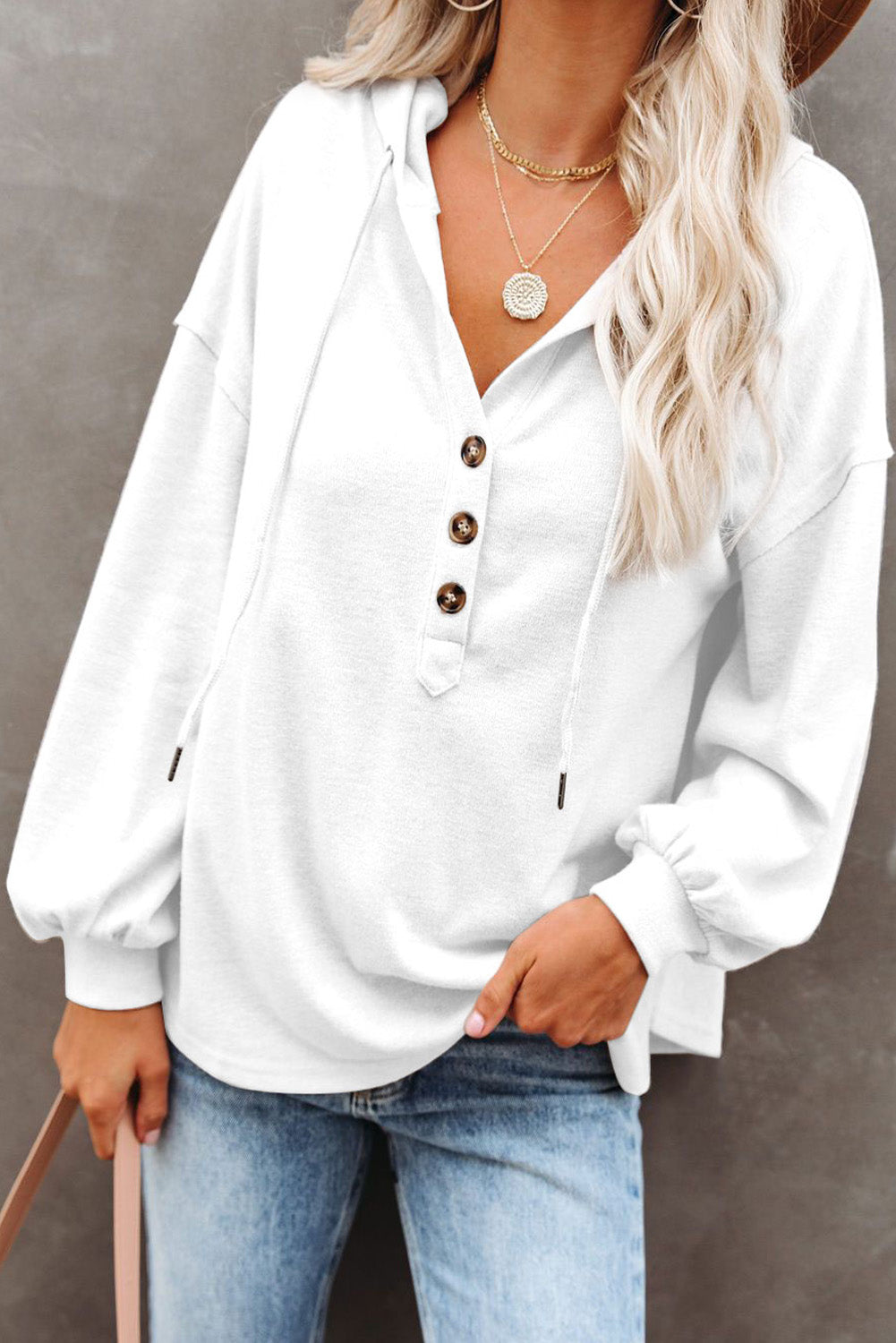 Buttoned High and Low Hem Hoodie