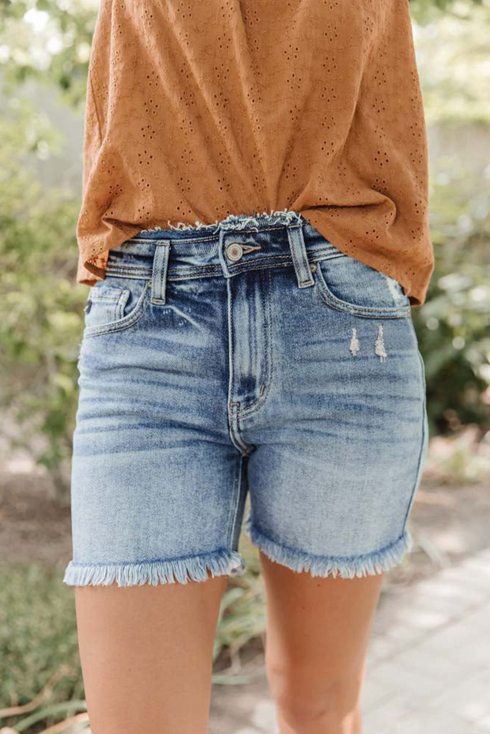 Sky Blue Retro High Waist Raw Hem Denim Shorts