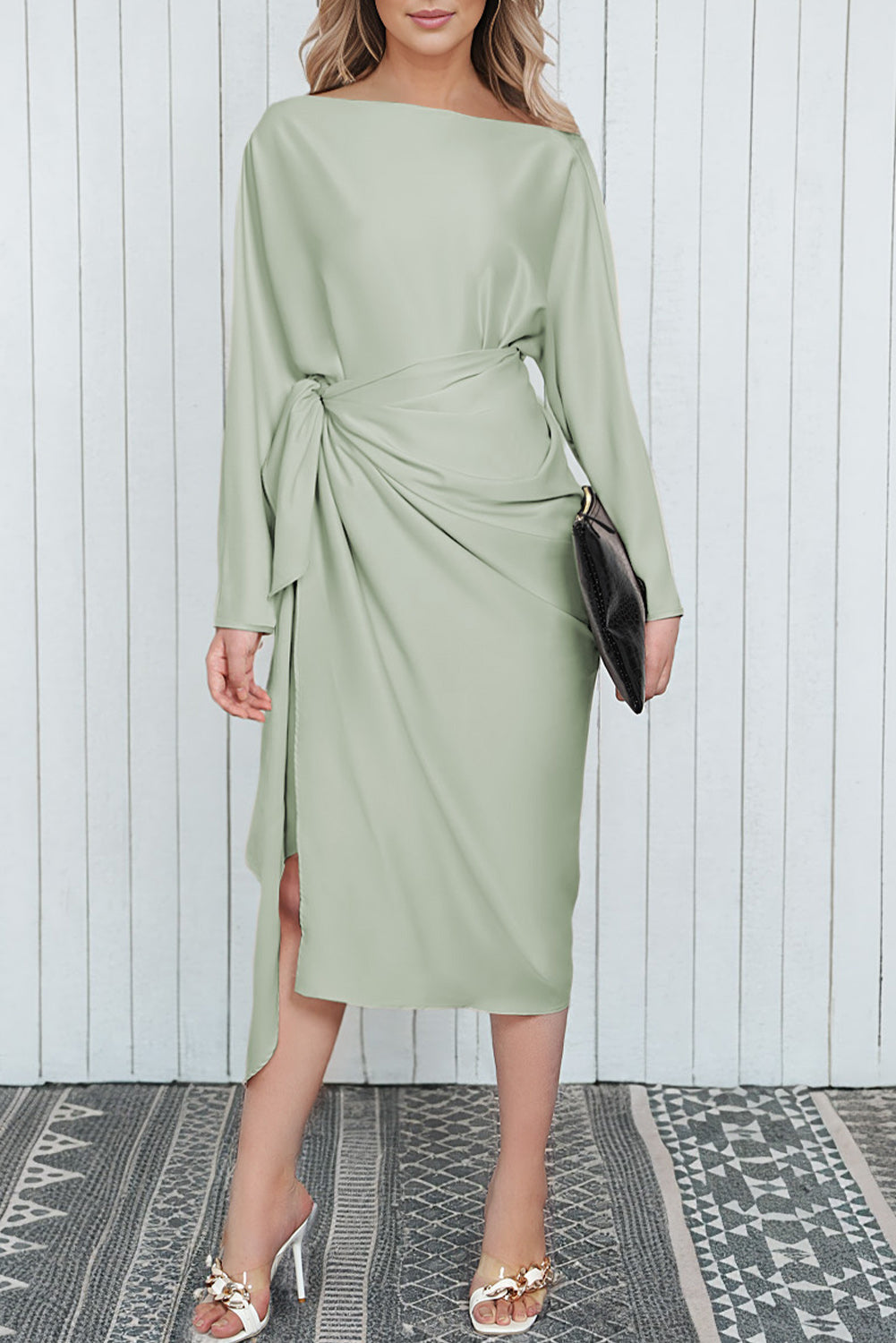 Black Satin Wrap Tie Side Boat Neck Long Sleeve Dress