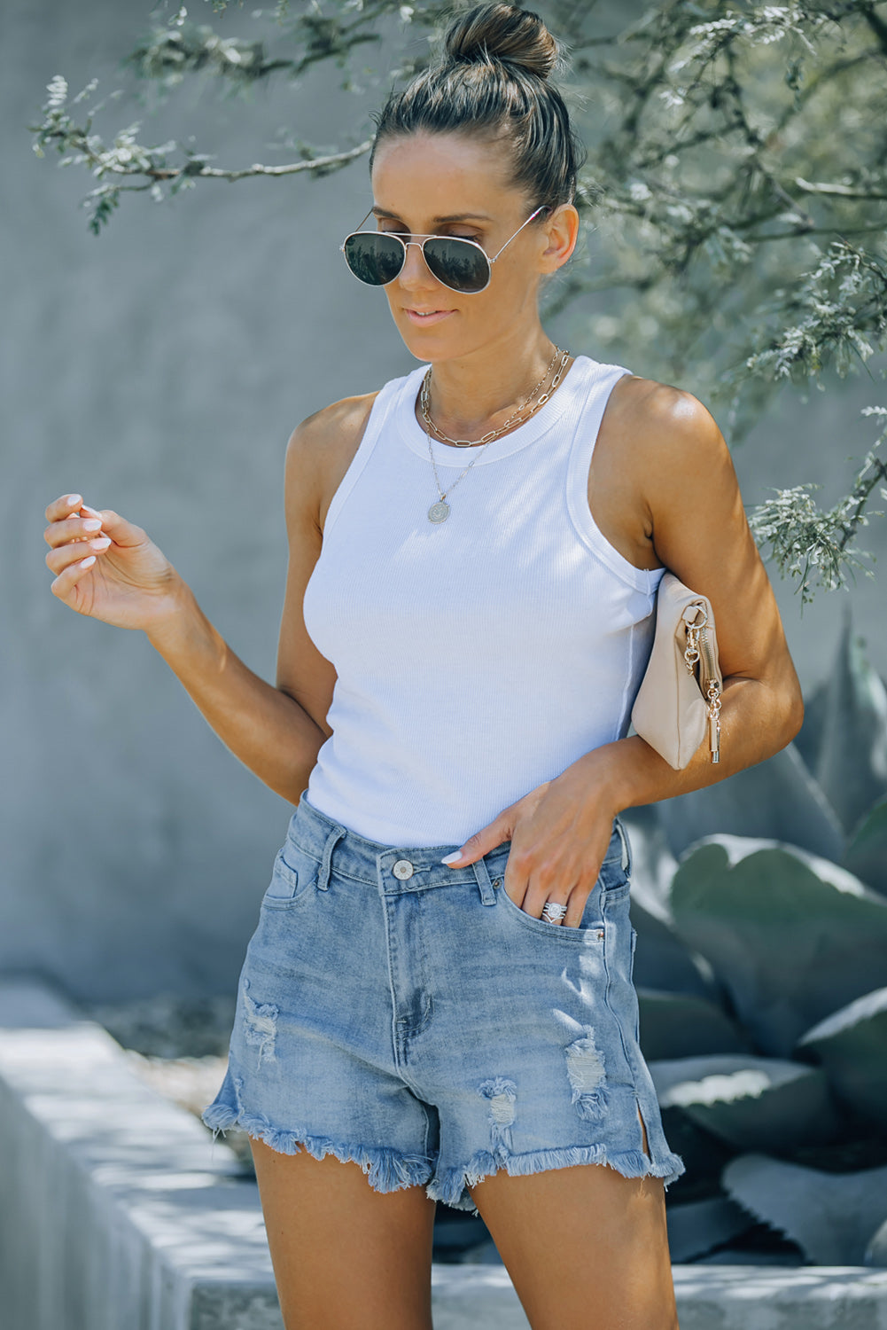 Light Blue Distressed Ripped Denim Shorts with Pockets