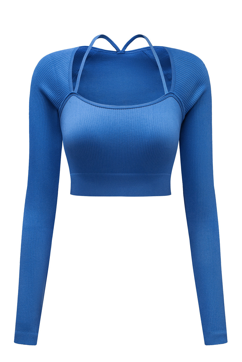 Sky Blue Ribbed Long Sleeve Cropped Yoga Top